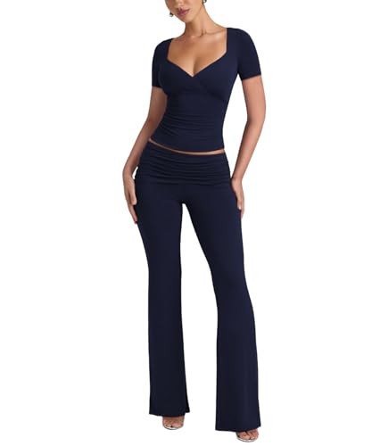 Lrady Womens 2 Piece Outfits Lounge Sets Lightweight Short Sleeve Crop Tops Fold Over Flare Pants Tracksuits, Navy Blue, Medium | Amazon (US)