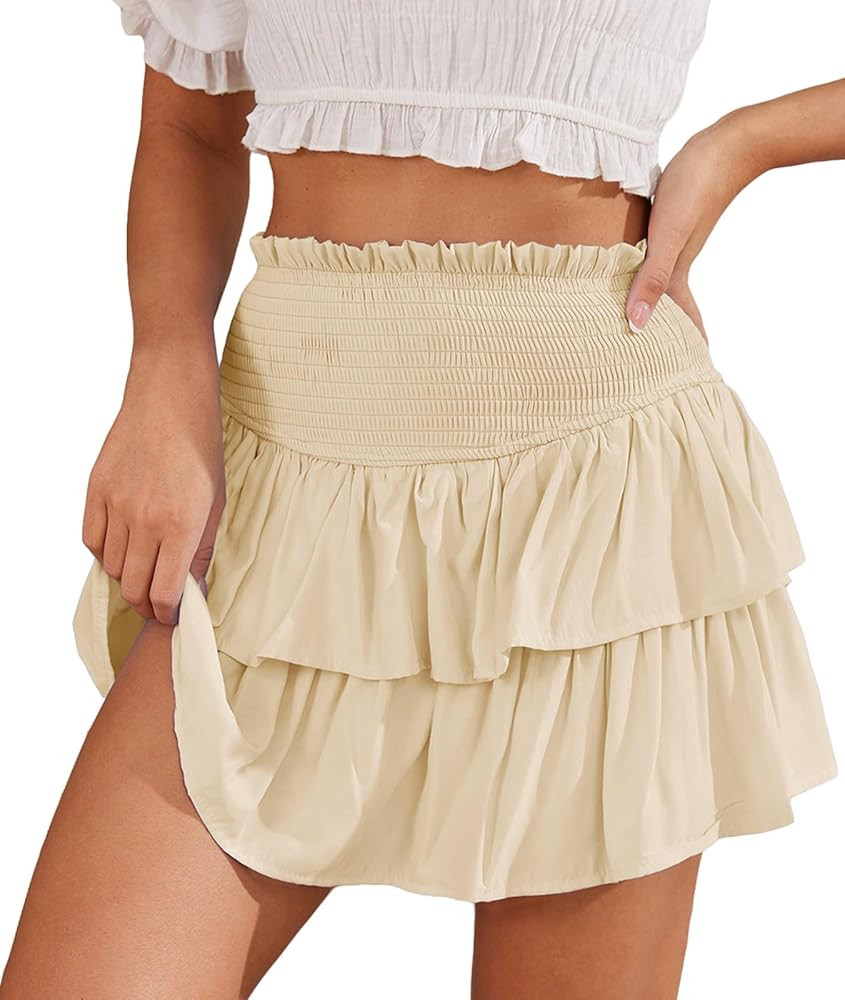 HERBATOMIA Women\u2019s Mini Layered Skirt Ruffle High Elastic Waist Short Flowy Cute Summer Skir... | Amazon (US)