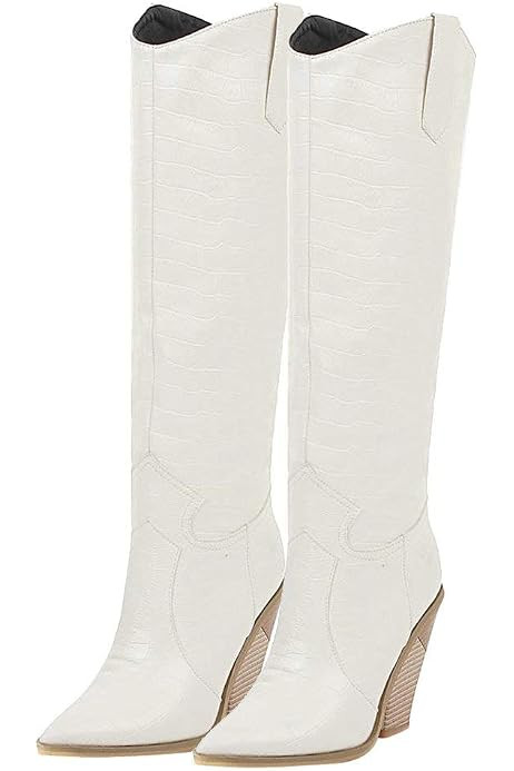 HENWERD Women's Chunky Heel Knee High Boots Comfortable Pointed Toe Western Cowboy Boots | Amazon (US)