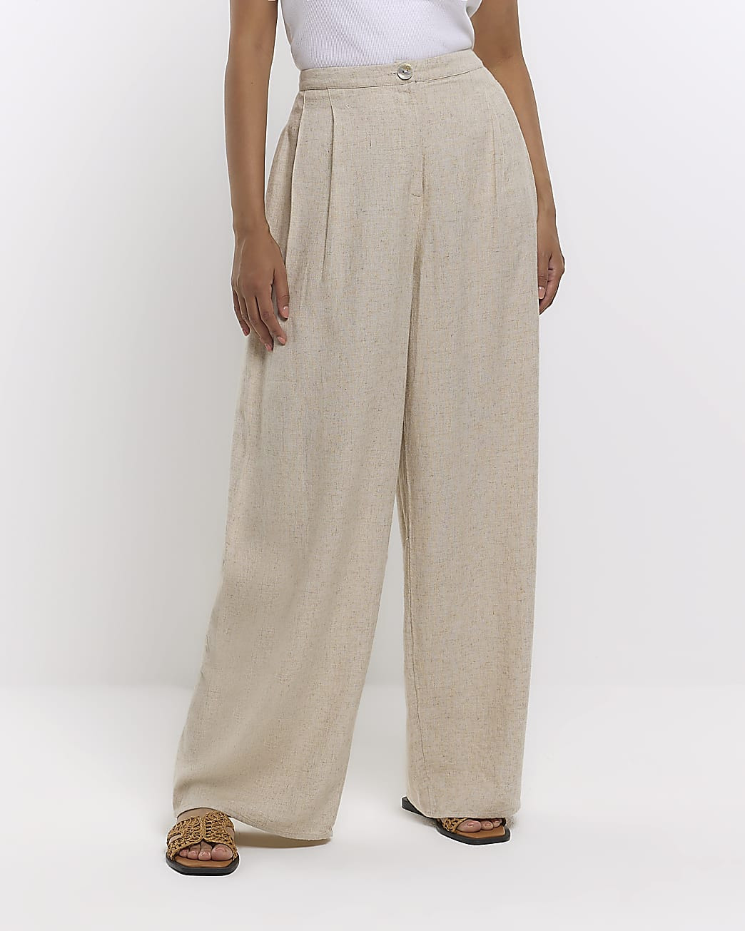 Stone pleated wide leg trousers with linen | River Island (UK & IE)