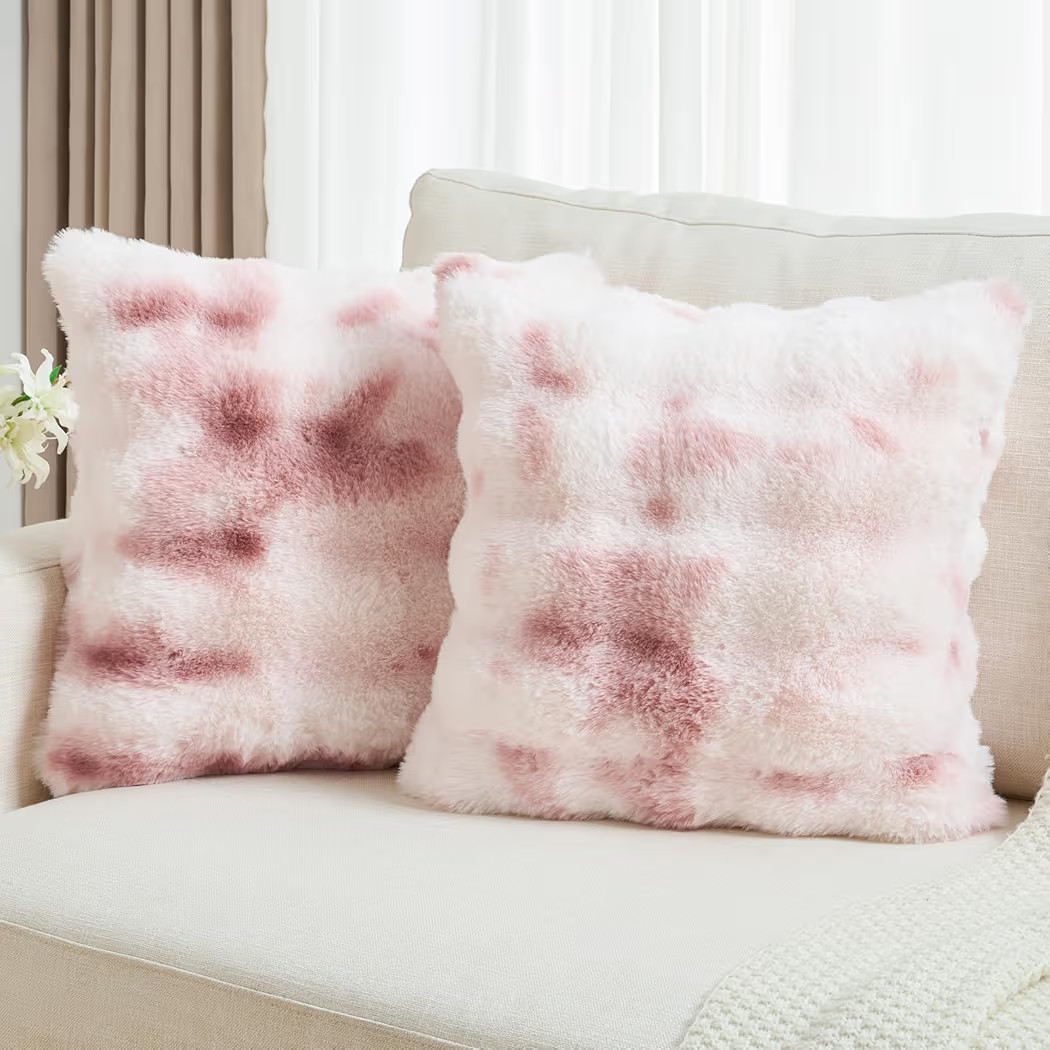 FUTEI Pink White Decorative Throw Pillow Covers 22x22 Inch Set of 2,Soft Fuzzy Faux Rabbit Fur Cu... | Amazon (US)