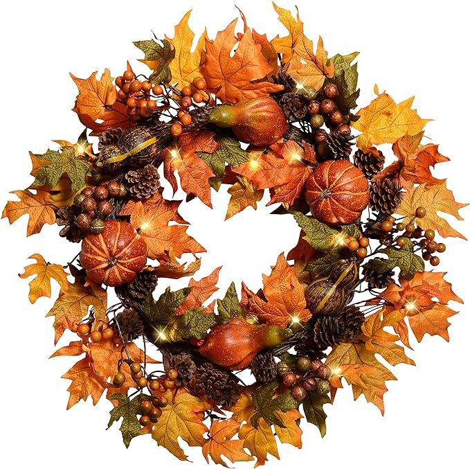 26 Inch Pre-Lit LED Fall Wreath with Lights - Maple Leaf Wreath with Pumpkins, Gourds, Pine Cones... | Amazon (US)