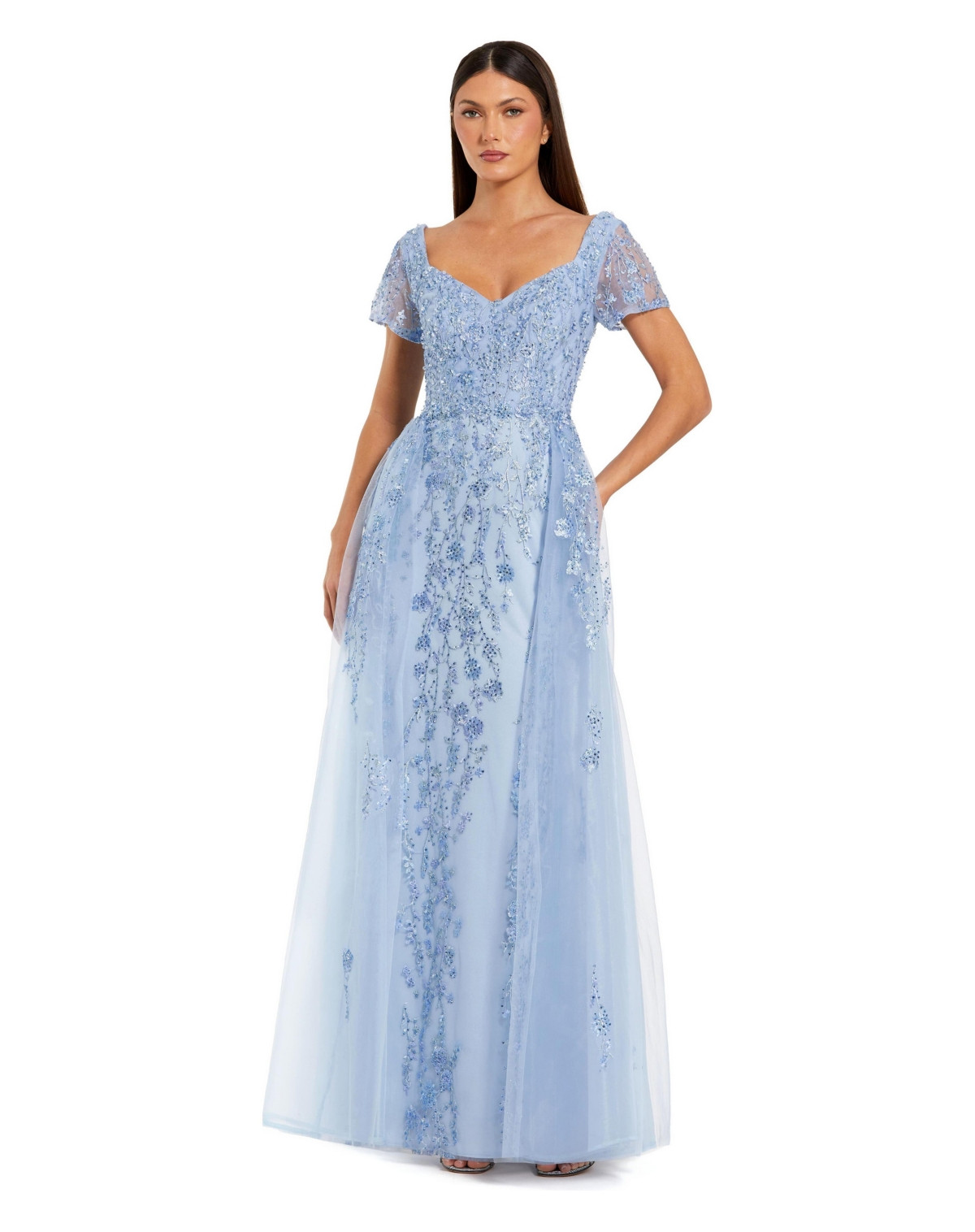 Mac Duggal Women's Embroidered Beaded Tulle A-Line Gown with Sheer Overskirt - Powder blue | Macy's