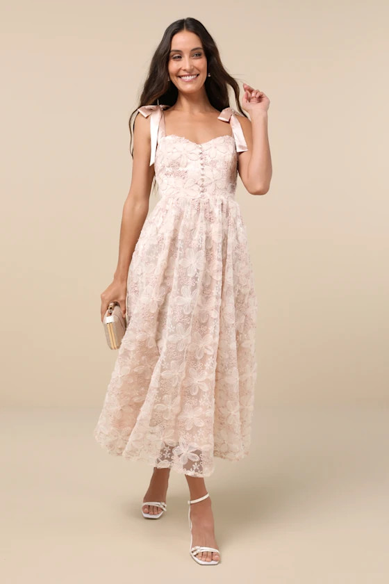 Precious Flair Blush Pink Sequin Floral Tie-Strap Midi Dress | Lulus