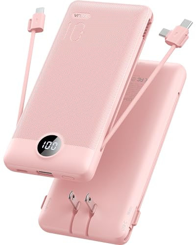 VRURC Portable Charger Built-in Cables and AC Wall Plug, USB C Power Bank 10000mAh, Travel Essentials Phone Charger Compact Lightweight External Battery Pack for Smart Phones, Tablets etc-Pink | Amazon (US)