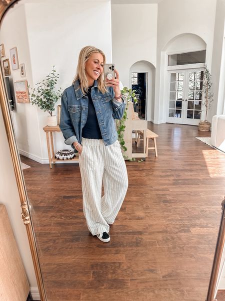 Wearing medium in these linen pants from Walmart!! Medium in the denim jacket and bodysuit too  
#Walmartfashion #outfit #spring 

Follow @sarah.joy for more affordable fashion finds! 

#LTKfindsunder50