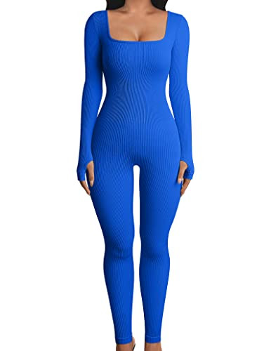 OQQ Women's Yoga Ribbed One Piece Tank Tops Workout Rompers Long Sleeve Exercise Jumpsuits Blue | Amazon (US)