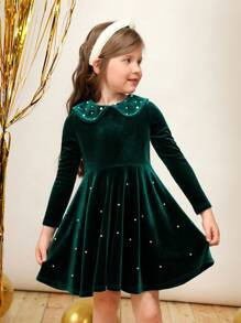 SHEIN Young Girl Pearls Beaded Peter Pan Collar Dress for Christmas | SHEIN