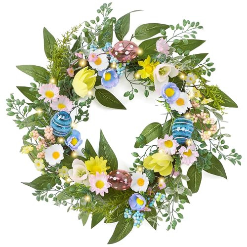 Valery Madelyn 18'' Pre-lit Easter Wreath for Front Door, Lighted Spring Door Wreath with Pastel Egg & Daisy Flower, Artificial Eucalyptus Greenery Farmhouse Decor for Home Wall Window Indoor Outdoor | Amazon (US)