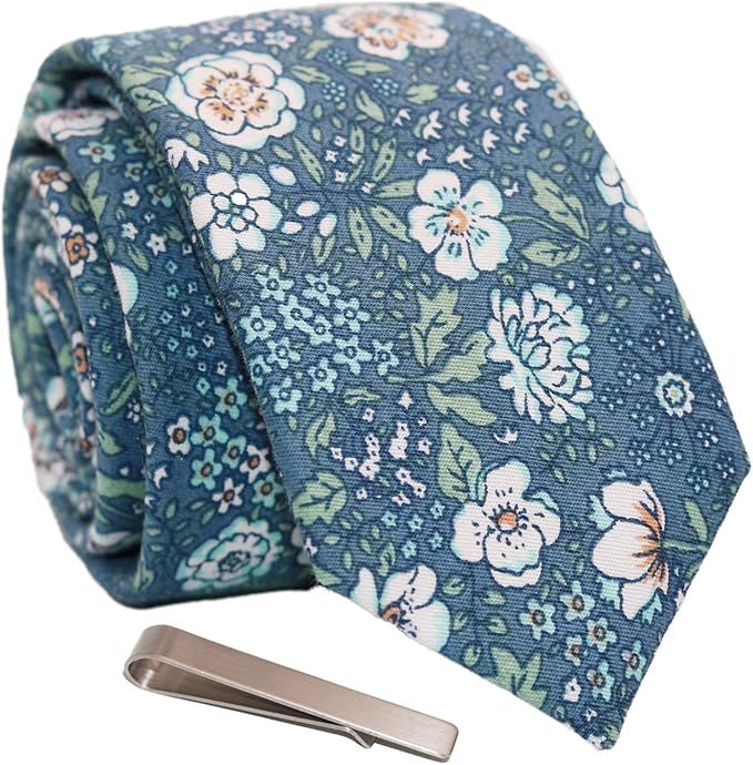 Men's Skinny Tie Floral Print Cotton Necktie and Tie Bar Clip Sets, Great for Weddings, Groom, Gr... | Amazon (US)