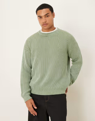 ASOS DESIGN relaxed long sleeve knitted crew neck stripe jumper in khaki | ASOS (Global)
