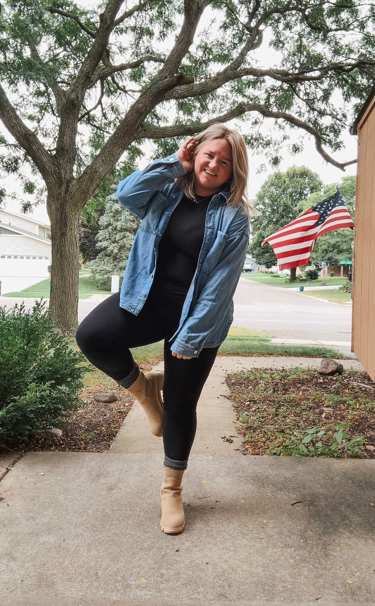 Amazon Prime day is back again’
Tee: L
Leggings: XL
Denim Shacket: XL (would have done XXL for more oversized)
Boots: TTS
Linked Prime Day styles similar to this look! Black leggings Denim shirt jacket boot socks uggs nuuds black tee fall style midsize looks plus size style vibe #ltkfall

#LTKPlusSize #LTKMidsize #LTKSaleAlert