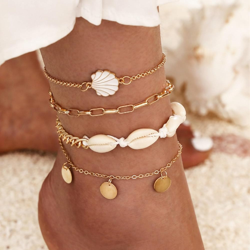 Amazon.com: Rrdaily 4 Pcs Natural White Shell Anklet Set for Women,Handmade Adjustable Conch Ankl... | Amazon (US)