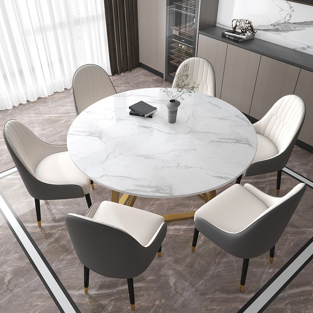 53"" White Modern Round Faux Marble Dining Table with Stainless Steel Base | Homary