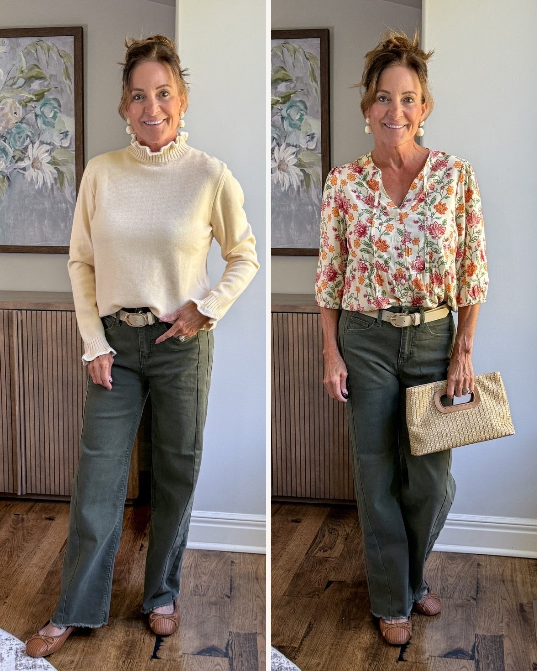 How to Style Olive Jeans from Summer into Fall? These olive wide-leg jeans are such an easy base for different seasons. I wear them with a floral blouse and woven bag on warmer days, then switch to a cream sweater when the temperature drops. The same belt and ballet flats work with both—simple changes that give favorite pieces more wear.