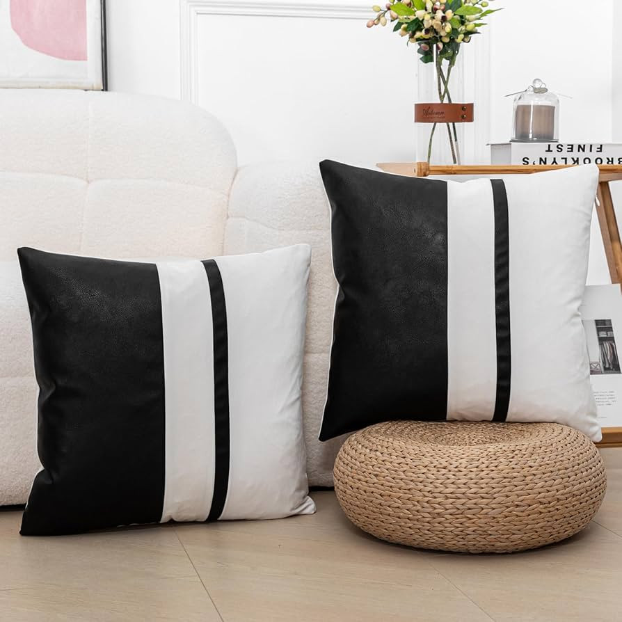 Set of 2 Black and Cream White Decorative Throw Pillow Covers 18x18 Inch Faux Leather and Velvet ... | Amazon (US)