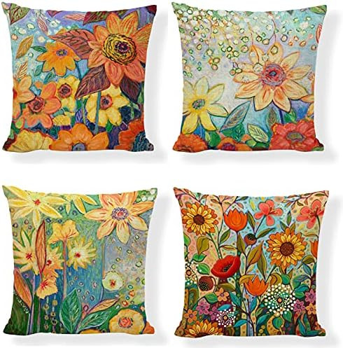 Summer Throw Pillow Covers 18x18 Inch,Set of 4 Farmhouse Dercoration,Yellow Painting Sunflower Cotto | Amazon (US)