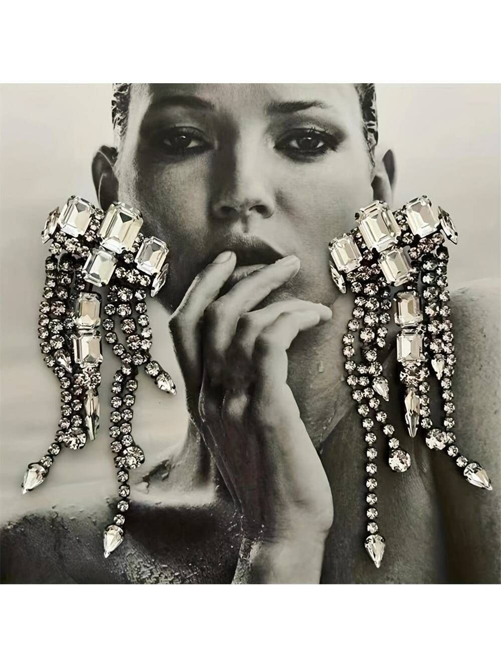 Vintage Geometric Clear Artificial Crystal Tassel Pendant Earrings Dinner Jewelry for Women Big S... | SHEIN