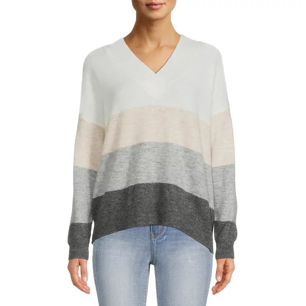 Dreamers by Debut Women's Striped V-Neck Sweater - Walmart.com | Walmart (US)