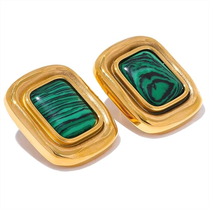 Square Stud Earrings for Women – Malachite Stone, Stainless Steel, 18K Gold Color, Waterproof T... | Amazon (US)