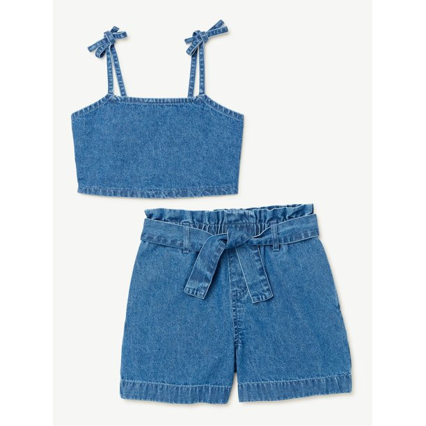 Free Assembly Girls' Denim Cropped Tank and Paperbag Shorts Set, 2-Piece, Sizes 4-18 | Walmart (US)