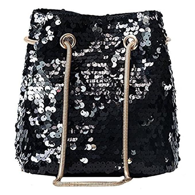 Women Glitter Reversible Sequins Shoulder Bag Small Drawstring Bucket Bag Chain Bag Handbag | Amazon (US)