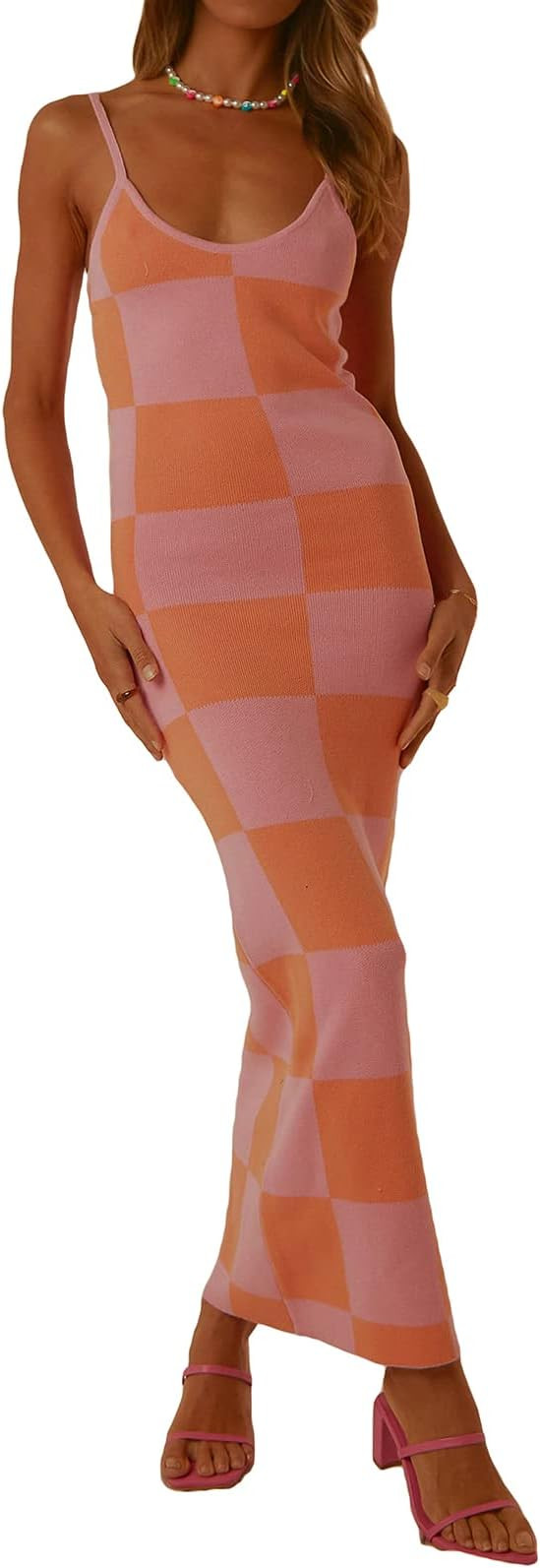 Low Cut Ribbed Knit Long Bodycon Sling Dress Sleeveless Spaghetti Straps Club Party Floral Maxi D... | Amazon (US)