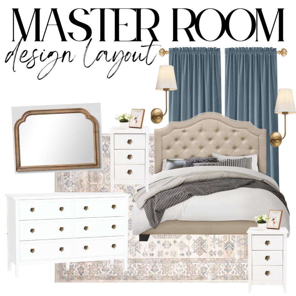 Updated master bedroom design layout! Decided to go more towards my love for grandmillenial style. Found a beige tufted headboard and love it! I also aimed for blue curtains so we could have that pop of color and a lighter rug to brighten the space up!

bedroom, home style, home decor, wayfair, Walmart, rugs USA, bedroom rug, headboard, curtains, amazon finds, grandmillenial style, brass, gold, neutrals 

#LTKstyletip #LTKhome #LTKsalealert