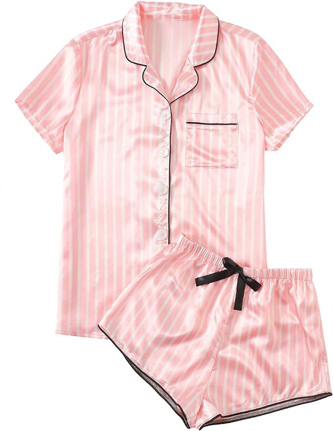 WDIRARA Women's Satin Sleepwear Short Sleeve Button Shirt and Shorts Pajama Set Silky PJ | Amazon (US)