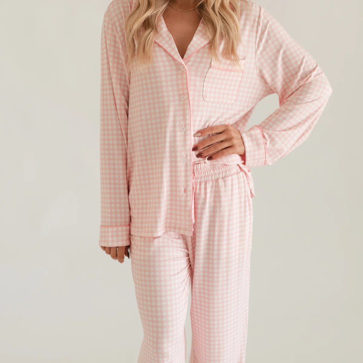 Women's Button Up Set In Pink Gingham | Silks Design
