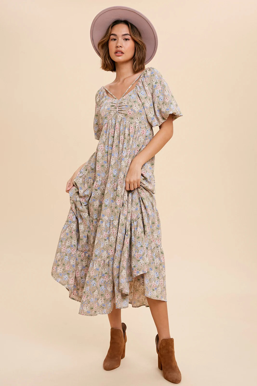 Beige Floral Ruched Strappy V-Neck Front Puff Short Sleeve Midi Dress | PinkBlush Maternity