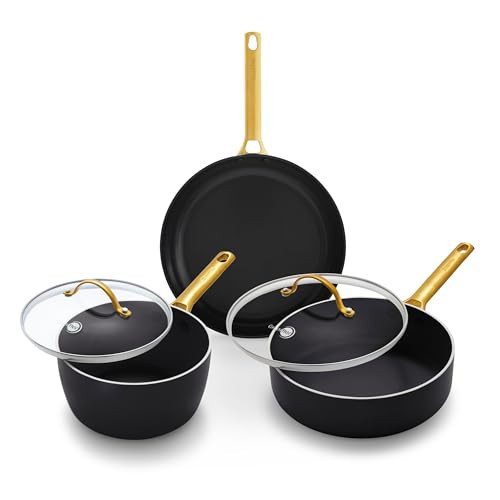 GreenPan 5 Piece Set Cookware Pots and Pans Set, Ceramic Nonstick PFAS-Free, Hard Anodized, Frypan Saucepan Saute Pan with Lids, Gold-Tone Stainless Steel Handles, Dishwasher Safe, Black | Amazon (US)