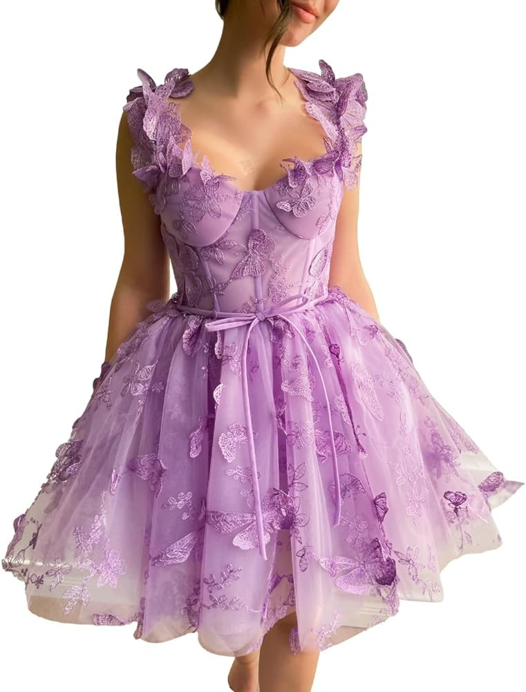 3D Butterflies Tulle Homecoming Dress Laces Applique Short Prom Dress A Line Cocktail Party Gowns | Amazon (US)
