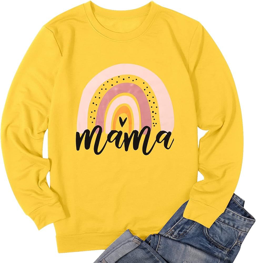 Mama Sweatshirt Women Mom Rainbow Graphic Tee Shirts Causal Long Sleeve Pullover Tops | Amazon (US)
