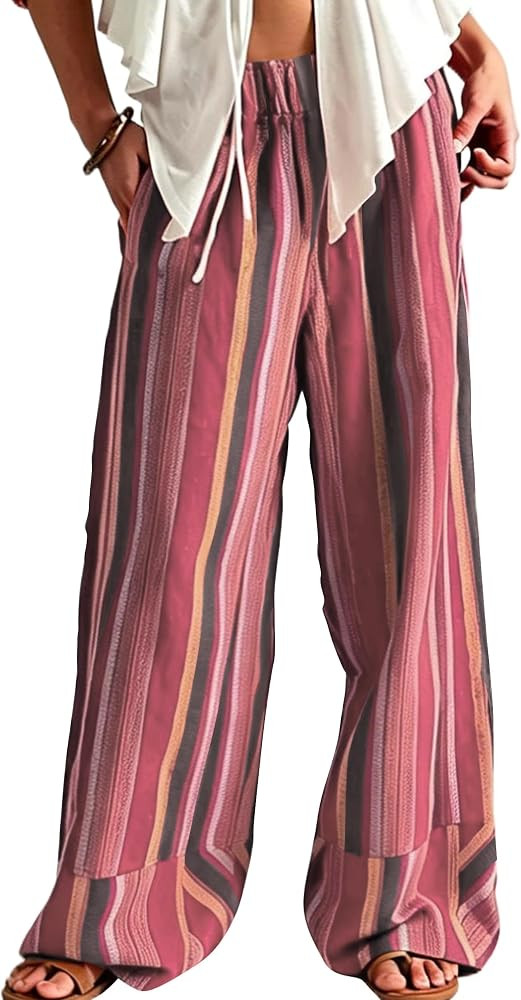 Womens Striped Wide Leg Pants Summer Boho Palazzo Pants Causal Elastic High Waist Long Lounge Tro... | Amazon (US)