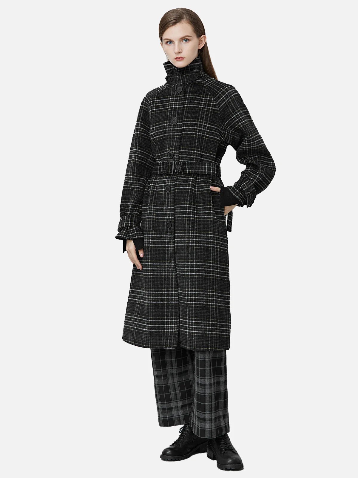 Check Stand Collar Waist Waist Wool Coat | SDEER