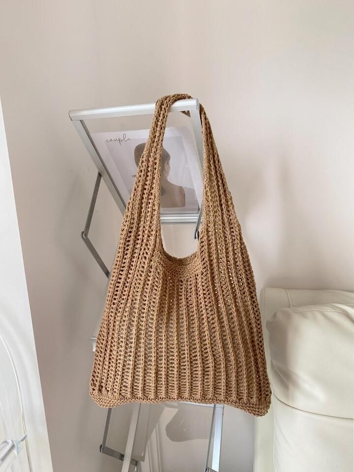 Hollow Out Crochet Bag Polyester Vacation Brown | SHEIN