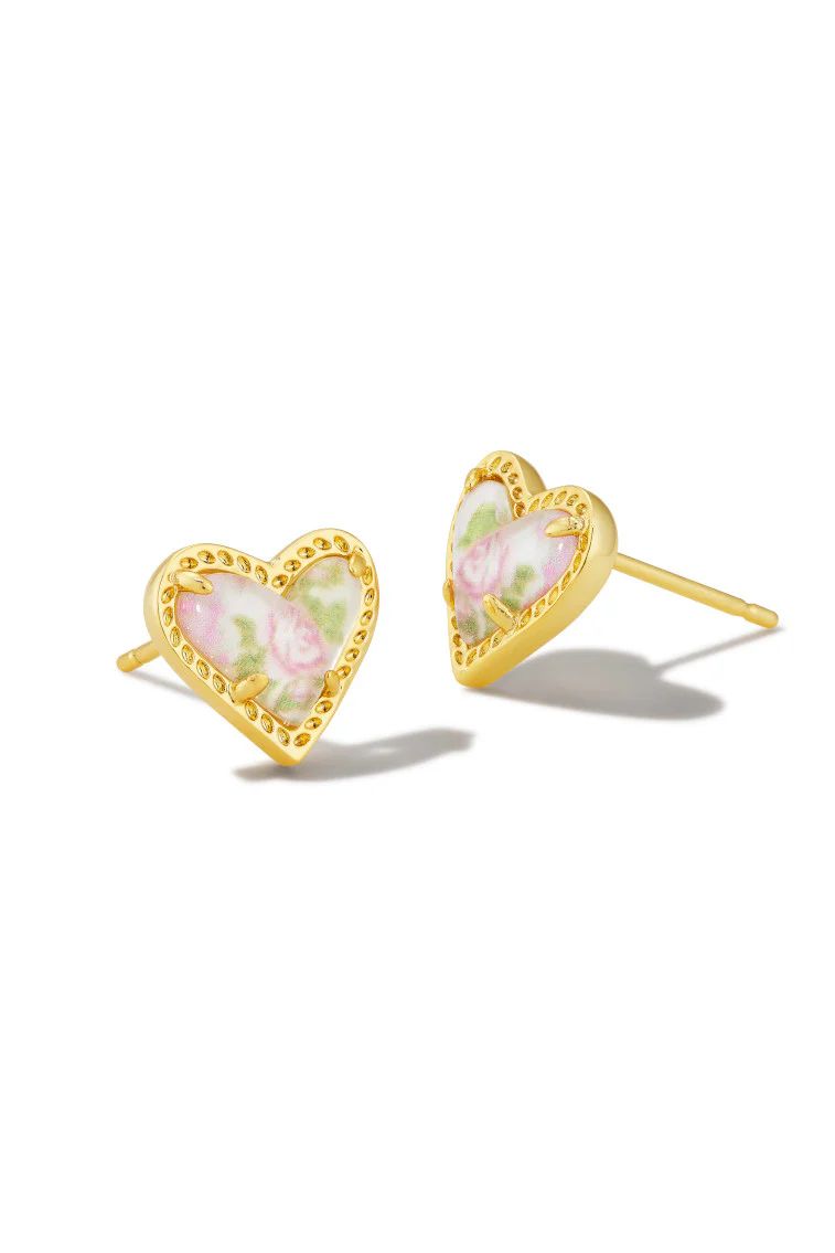 Kendra Scott x LoveShackFancy Gold Ari Heart Stud Earrings in Marie Pink Blooming Heirloom Illusi... | LOVESHACKFANCY