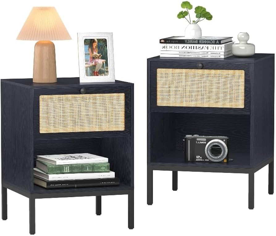XIAO WEI Rattan Nightstand Set of 2 with Handmade Natural Rattan Drawers, Bedside Tables, End Tab... | Amazon (US)