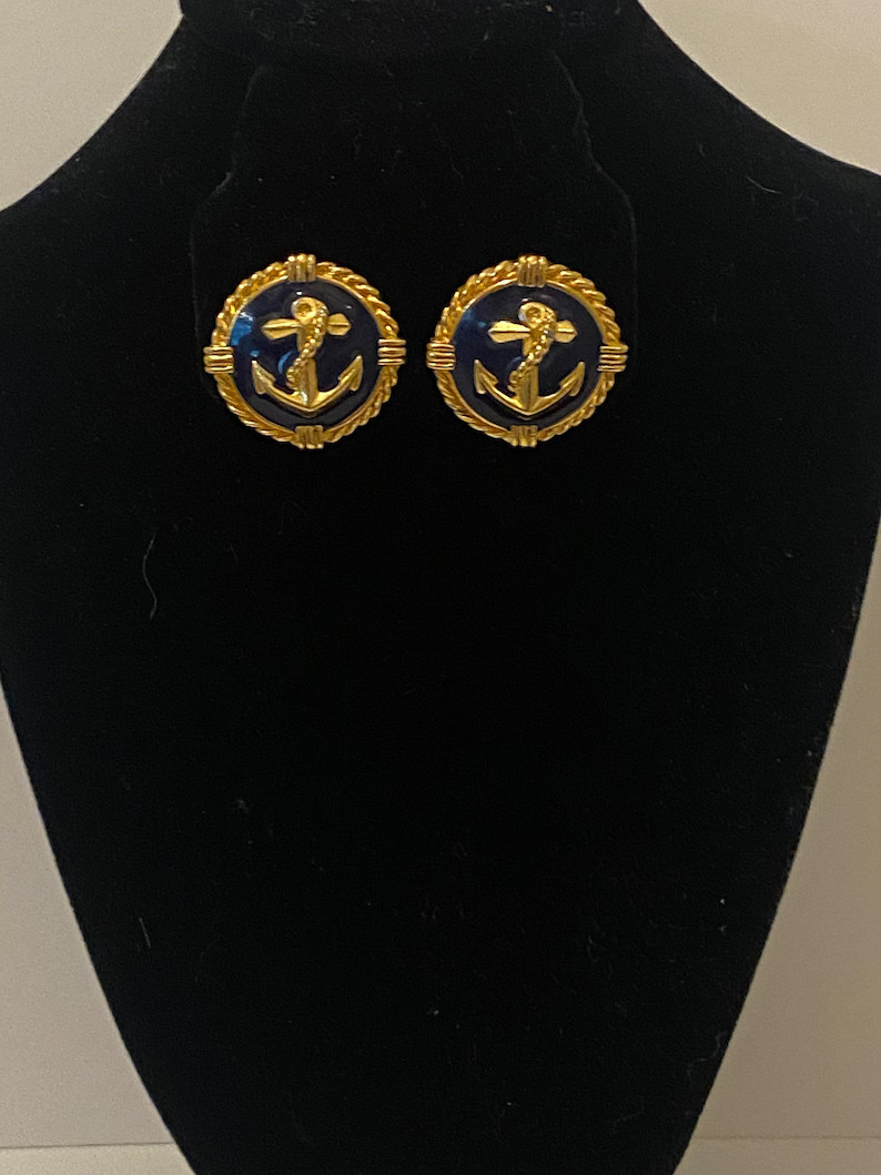 Estate Gold Colored Anchor Earrings: Blue Enamel Nautical Studs - Etsy | Etsy (US)