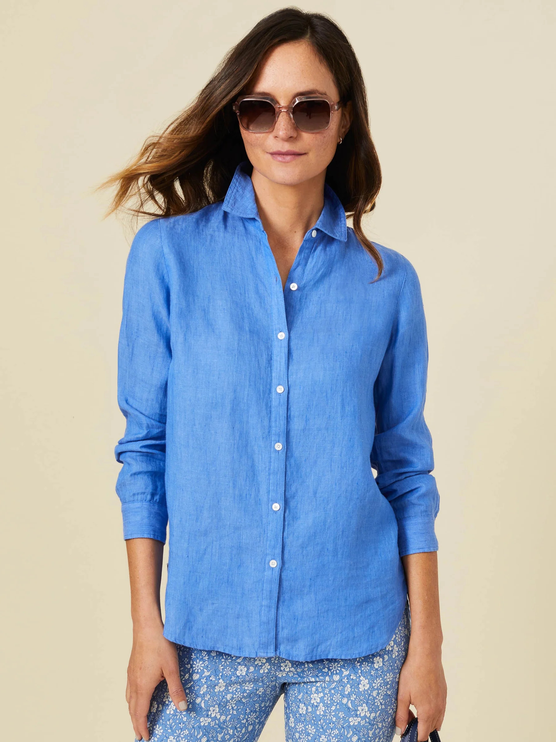 French_Blue Solid Britt Linen Shirt 0111241022 | Women's Tops | J.McLaughlin | J.McLaughlin