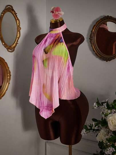 Amplova Floral Print Pleated Asymmetric Hem Tank Top | SHEIN