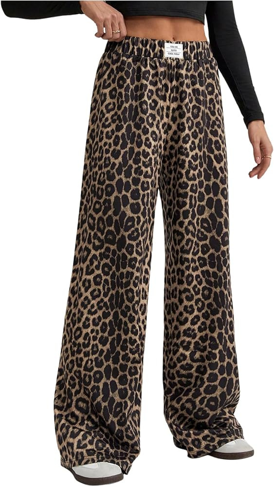 Women's Leopard Print Wide Leg Pants Patched Elastic Waist Casual Loose Trousers | Amazon (US)