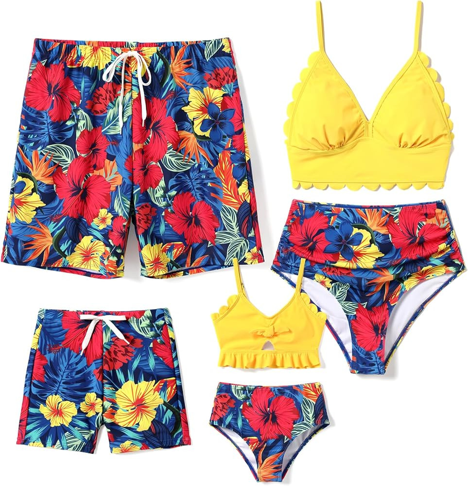 Family Matching Solid Scallop Trim Strappy Two-Piece Swimsuit and Allover Floral Print Swim Trunk... | Amazon (US)