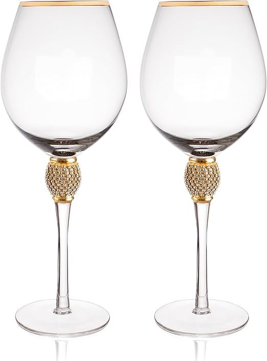 Trinkware Gold Rimmed Wine Glasses Set of 2 - Rhinestone Champagne Flutes "DIAMOND" Studded - Lon... | Amazon (US)