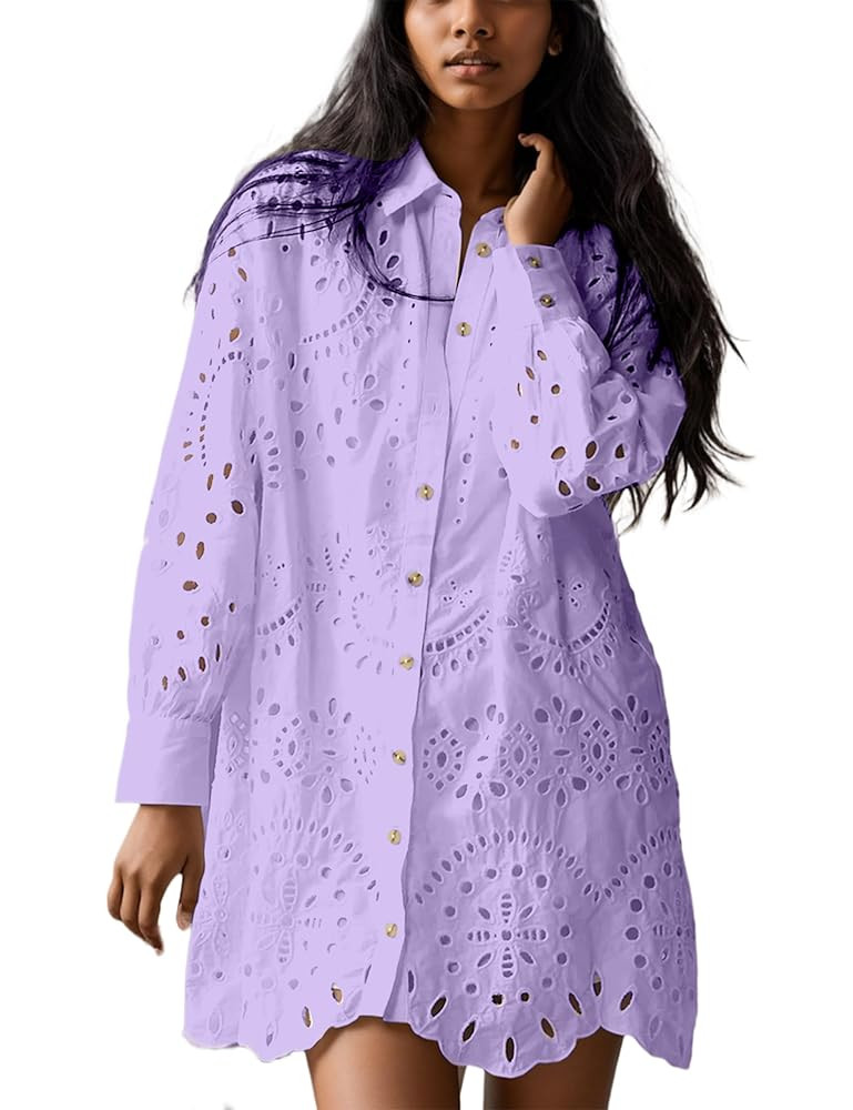 Livtany Women’s Button Down Shirt Dress Solid Eyelet Embroidery Cover Up Dress Casual Oversized... | Amazon (US)