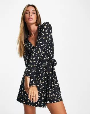 ASOS DESIGN long sleeve collared wrap dress in black floral ditsy print | ASOS (Global)