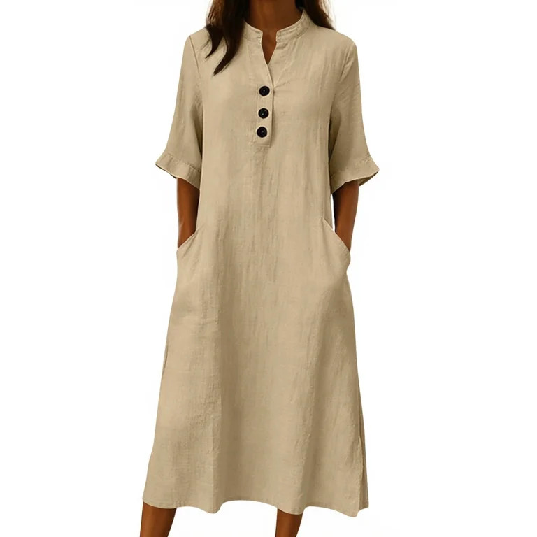 Qgtaibl Womens Cotton Midi Dress Fashion Button Down V Neck Ruffled Half Sleeve Dresses Loose Fit... | Walmart (US)