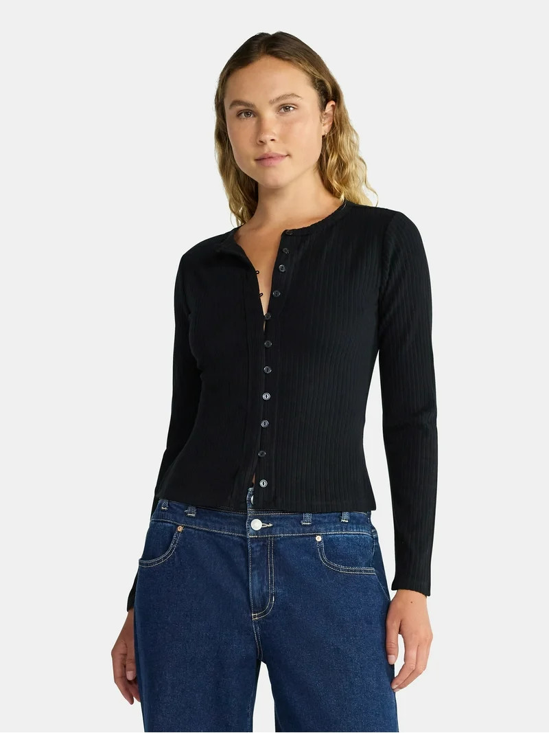 Madden NYC Women's Button Up Ribbed Top with Long Sleeves, Sizes XXS-XXL | Walmart (US)