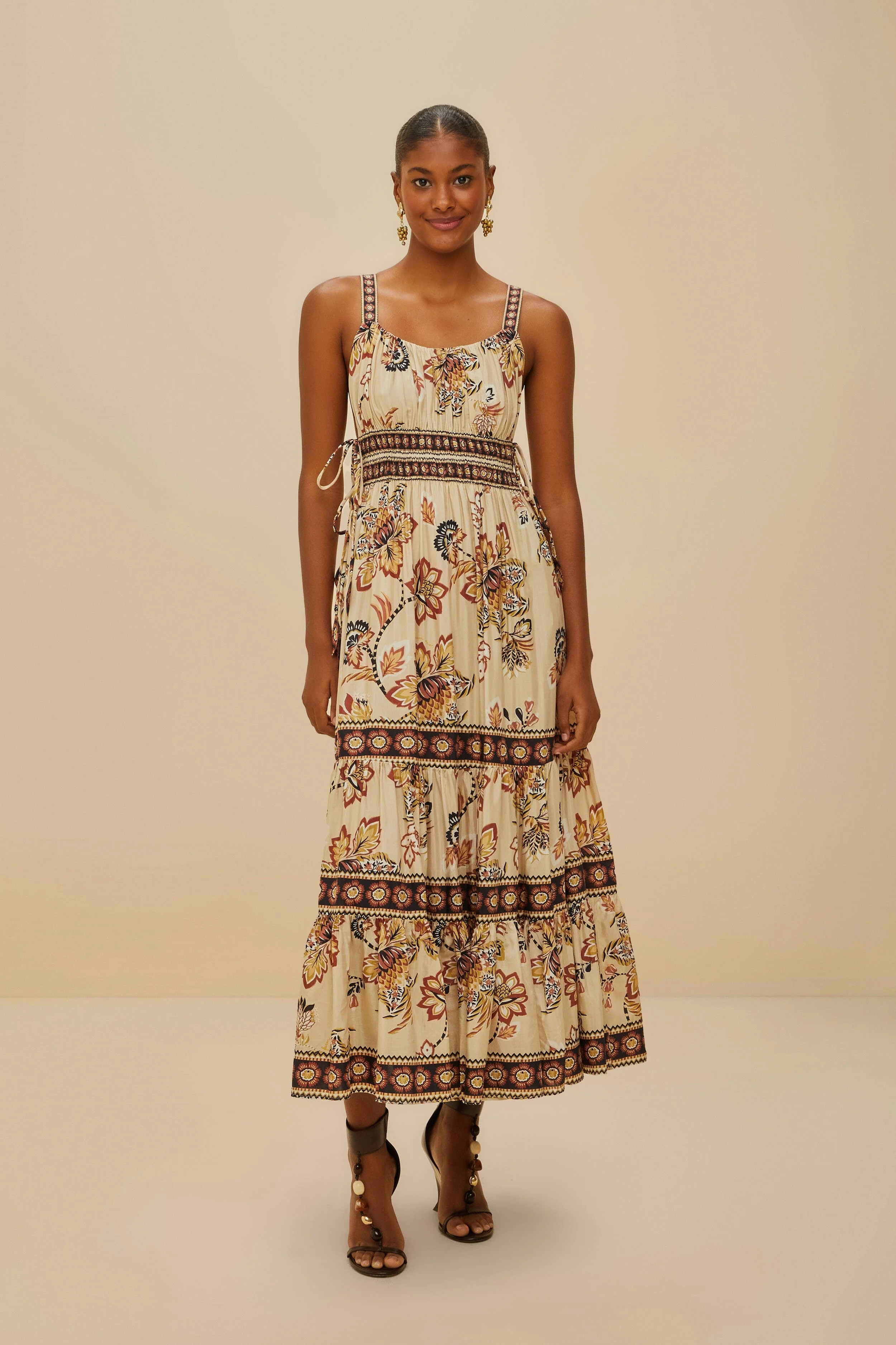 Sand Aura Floral Sleeveless Midi Dress | FarmRio (US)